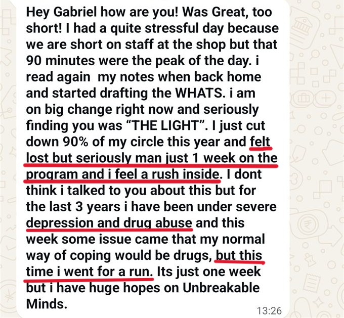 Manuel: after 3 years of severe depression and drug abuse, finding Unbreakable Mind was 'the light' — one week in, he went for a run instead.